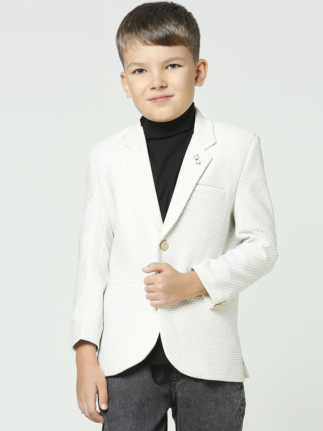 

YK Boys Printed Notched Lapel Collar Comfort Fit Single-Breasted Blazer, White