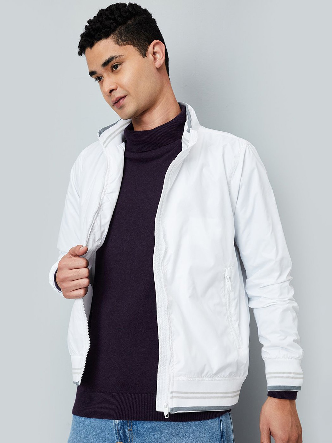 

max Men Mock Collar Solid Casual Bomber Jacket, White