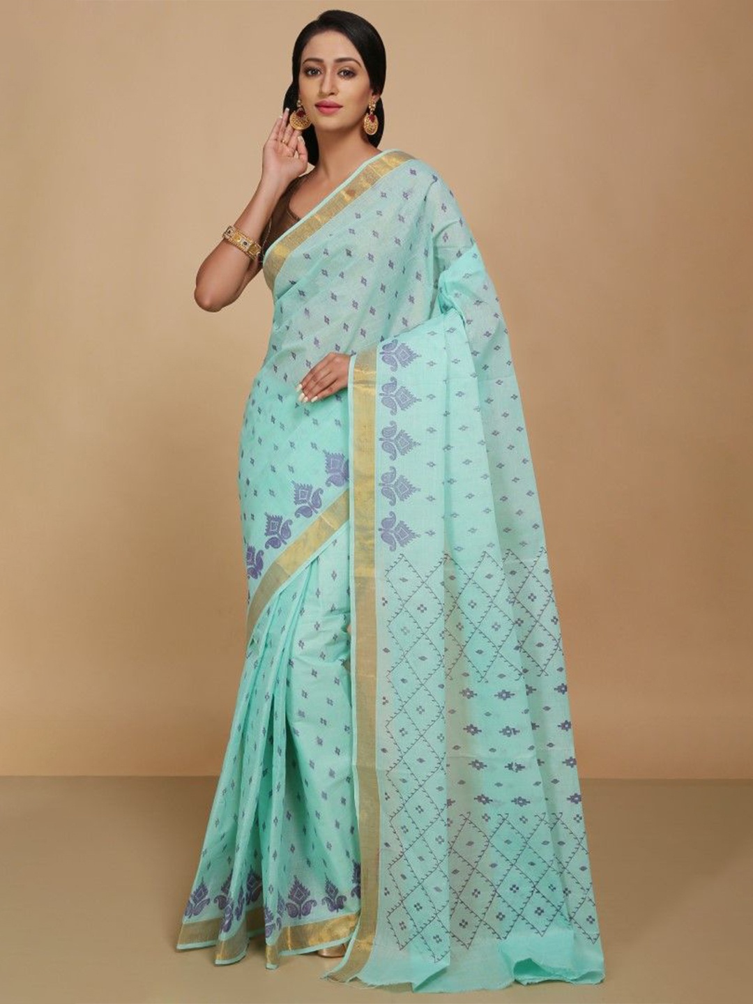 

BENGAL HANDLOOM Zari Pure Cotton Taant Saree, Turquoise blue