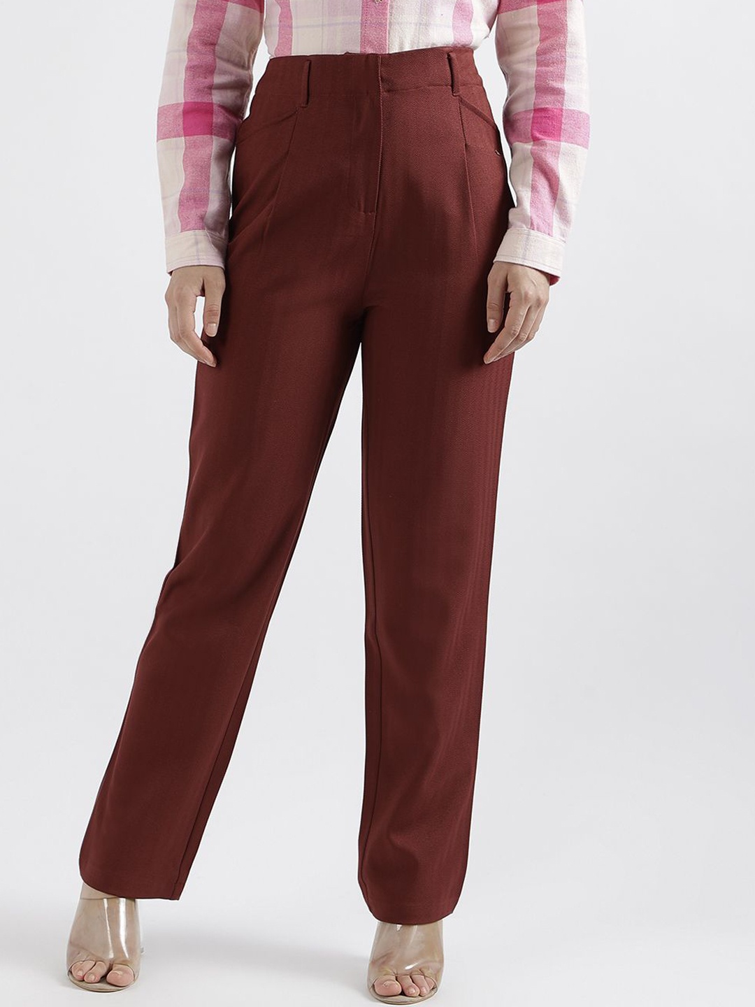 

ELLE Women Slim Fit Pleated Mid-Rise Trousers, Rust