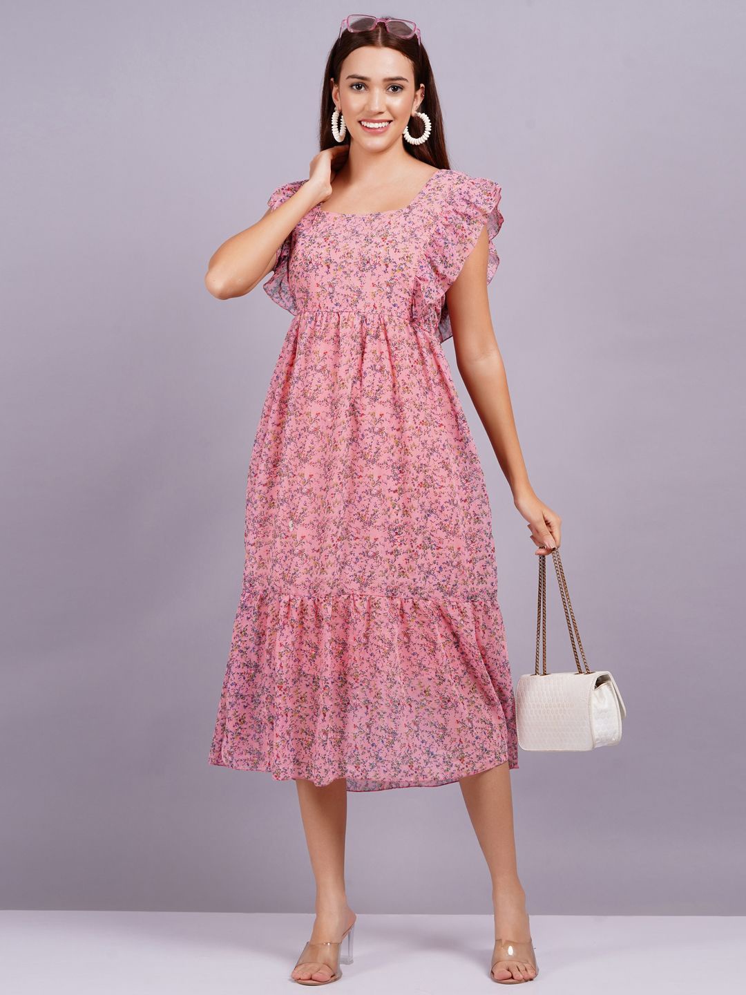 

KALINI Women Women Floral Printed Flutter Sleeves A-line Midi Dress, Pink