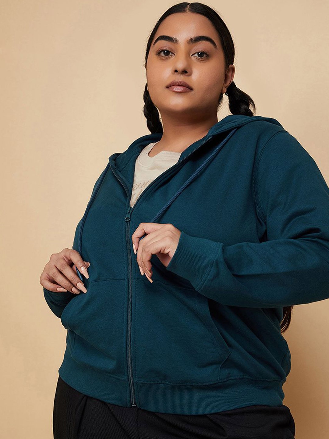 

max Women Solid Front Open Hooded Plus Size Sweatshirt, Teal