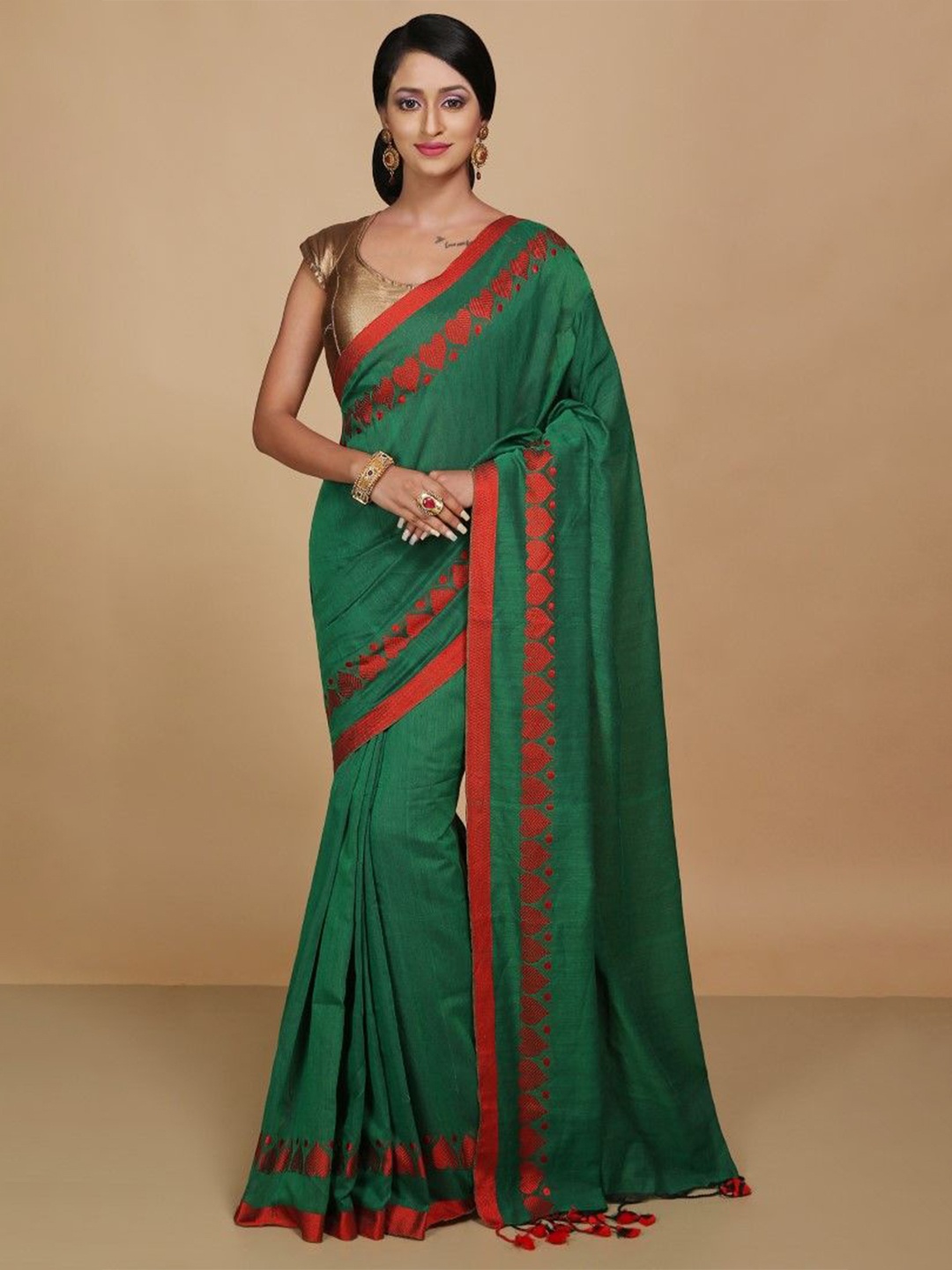 

BENGAL HANDLOOM Woven Design Zari Taant Saree, Green