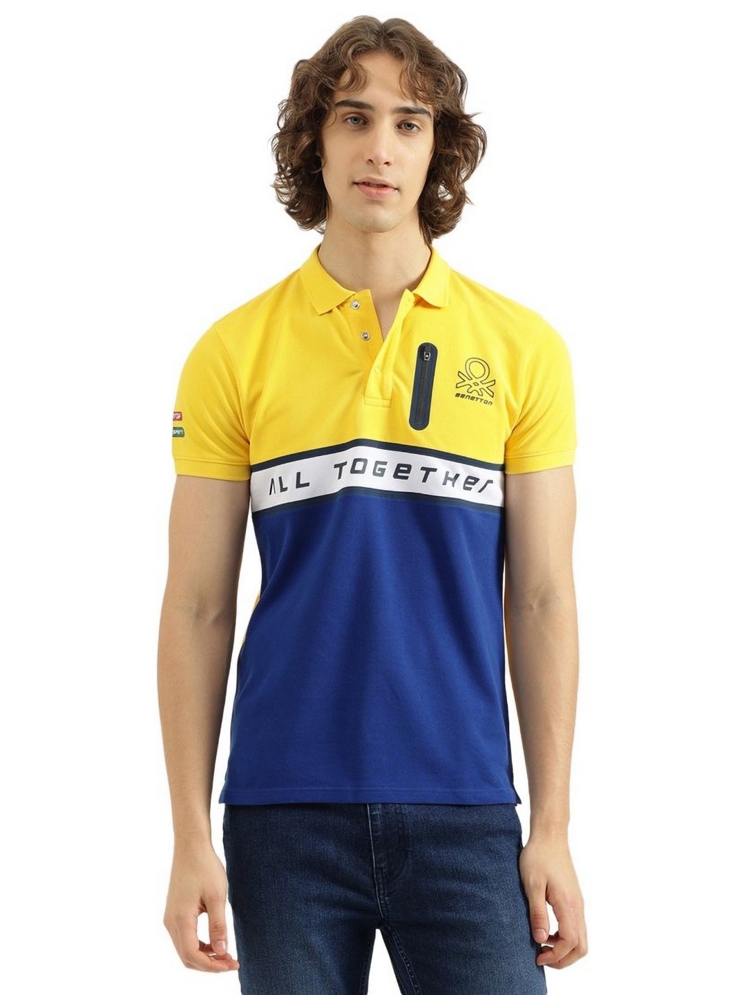 

United Colors of Benetton Men Colourblocked Polo Collar Pure Cotton T-shirt, Yellow