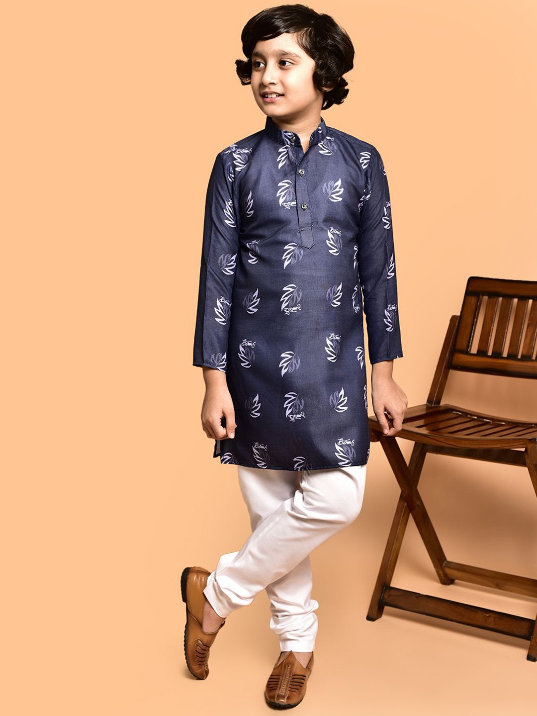 

PRINTCULTR Boys Floral Printed Band Collar Cotton Straight Kurta, Navy blue