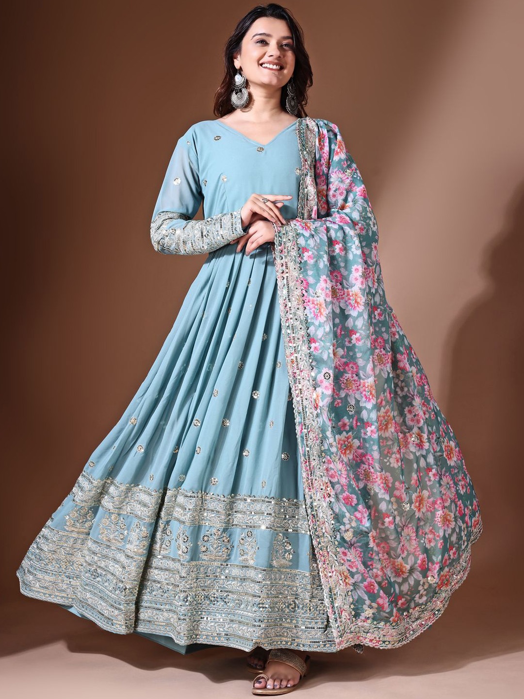 

KALINI Floral Embroidered Sequinned V Neck Georgette Anarkali Kurta With Dupatta, Blue