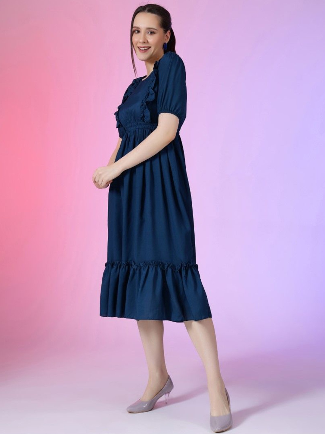 

Raiyani Enterprise Puff Sleeve Applique Fit & Flare Dress, Blue