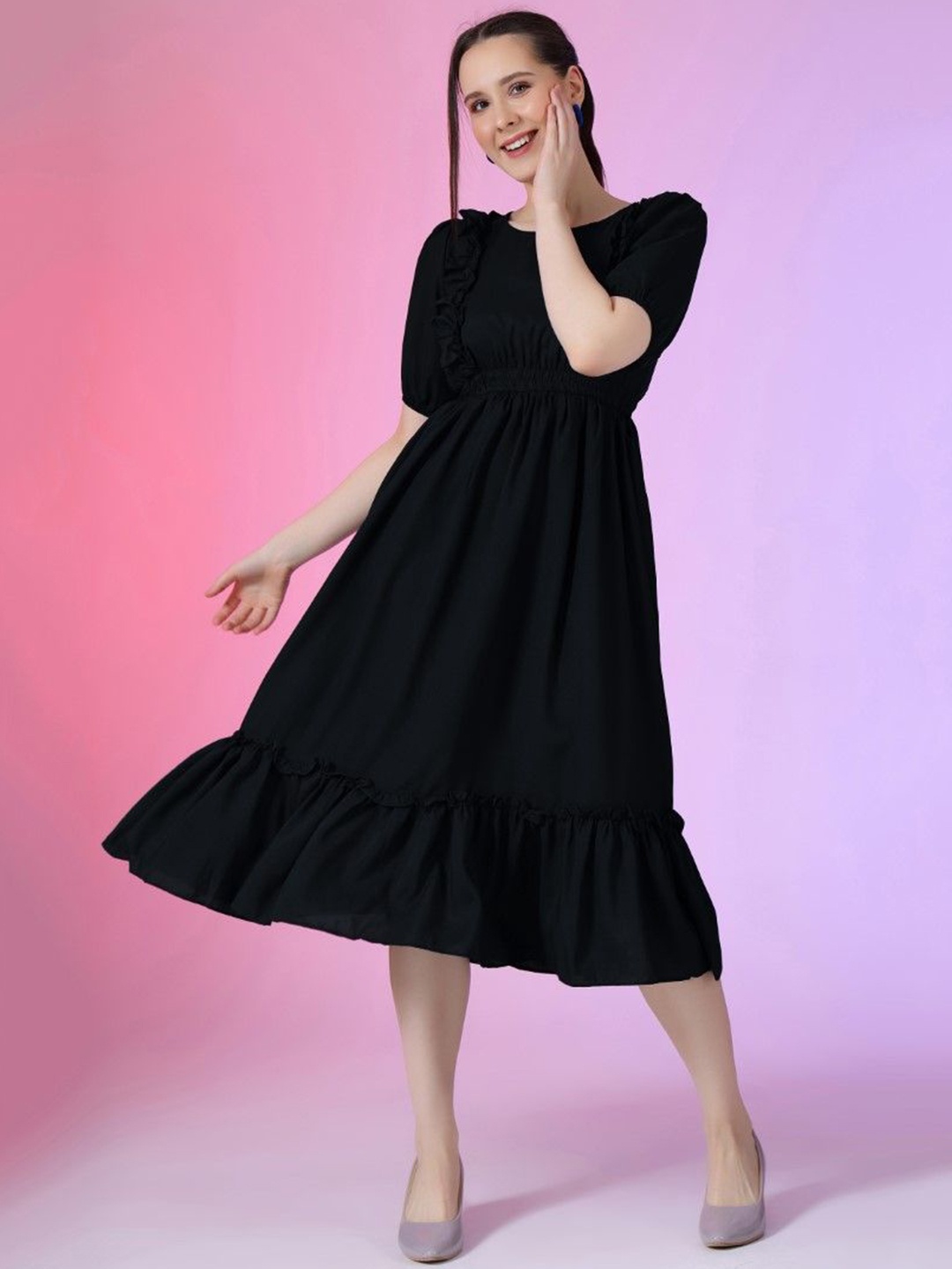 

Femvy Women Puff Sleeve Applique Fit & Flare Dress, Black