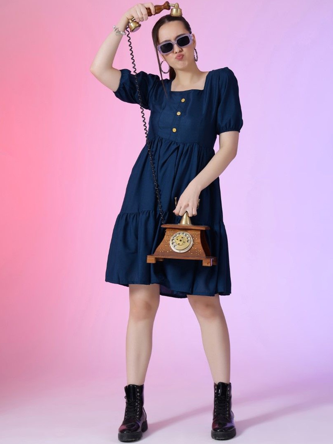 

Raiyani Enterprise Women Puff Sleeve Fit & Flare Dress, Blue