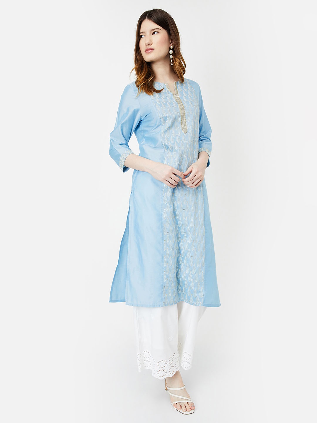 

max Ethnic Motifs Sequinned Embroidered Notch-Neck Straight Kurta, Blue