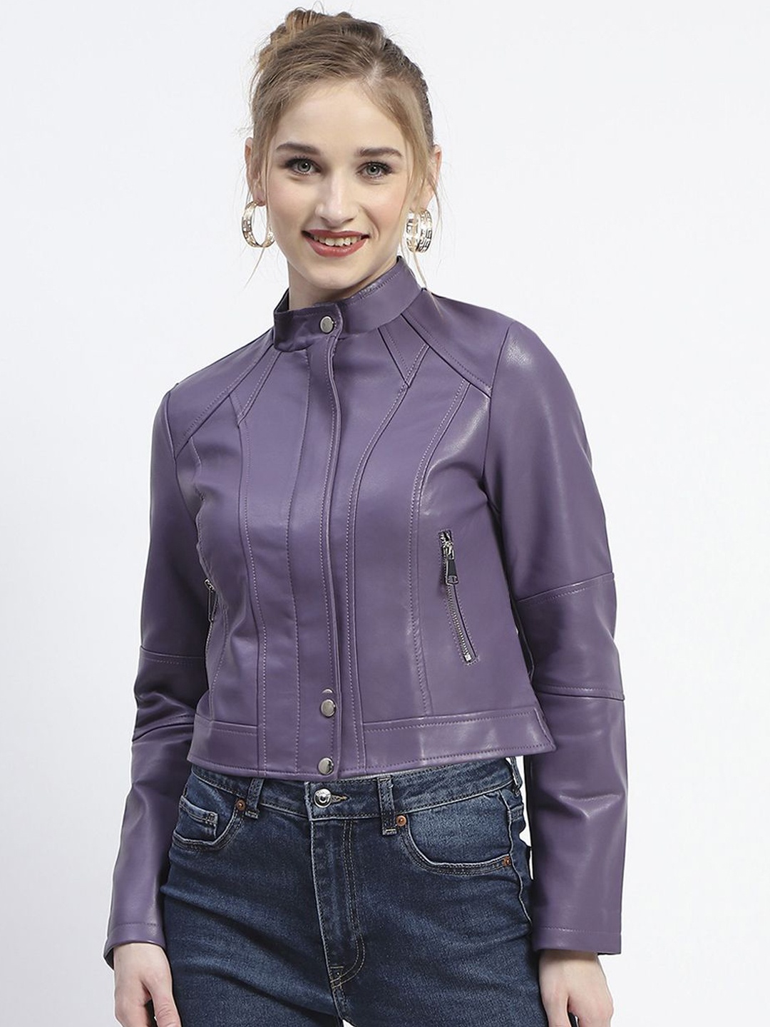 

Madame Women Mandarin Collar Solid Casual Leather Jacket, Purple