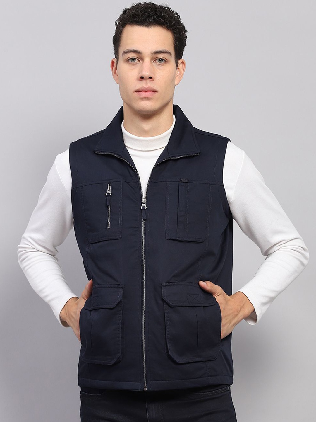 

Monte Carlo Men Mock Collar Solid Cotton Casual Open Front Jacket, Navy blue