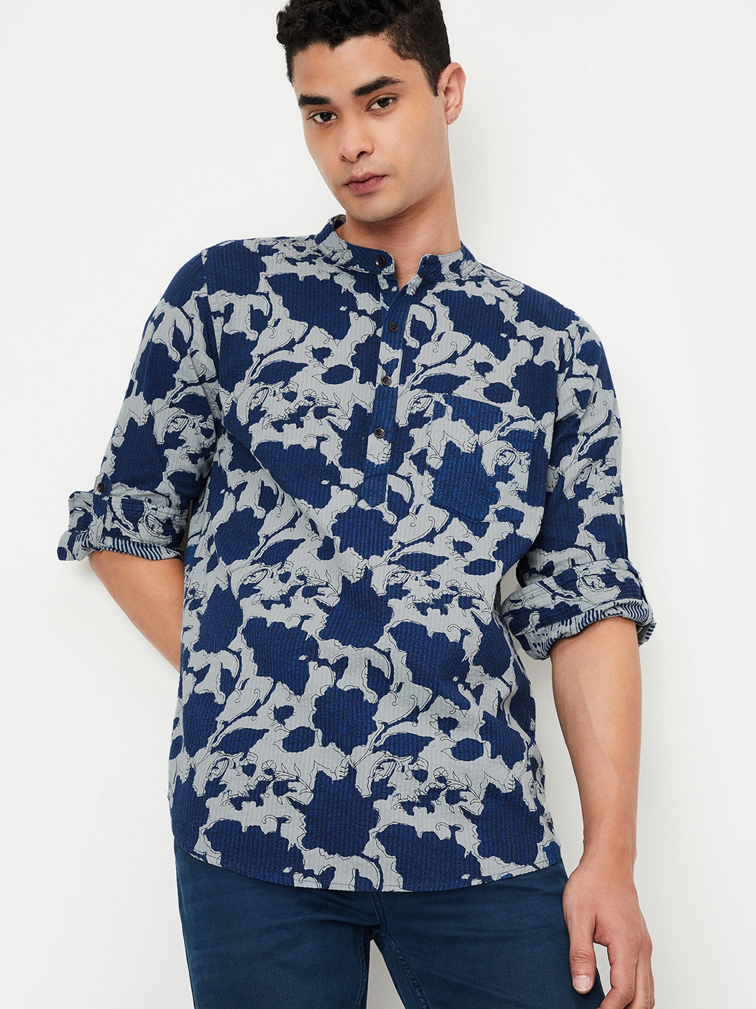 

max Floral Printed Band Collar Roll-Up Sleeves Pure Cotton Short Kurta, Blue