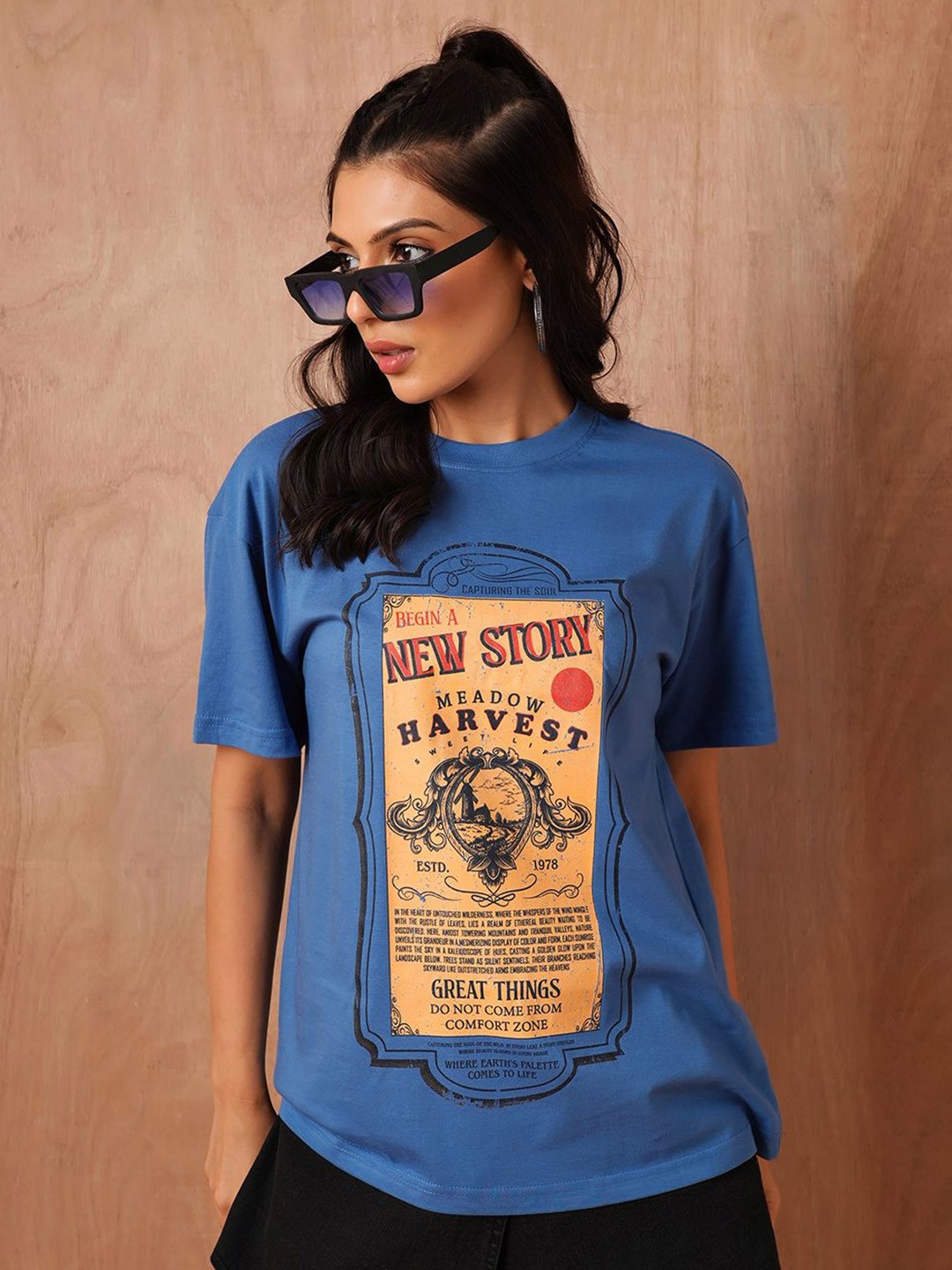 

The Roadster Lifestyle Co. Women Graphic Printed Round Neck Cotton Oversized T-shirt, Blue