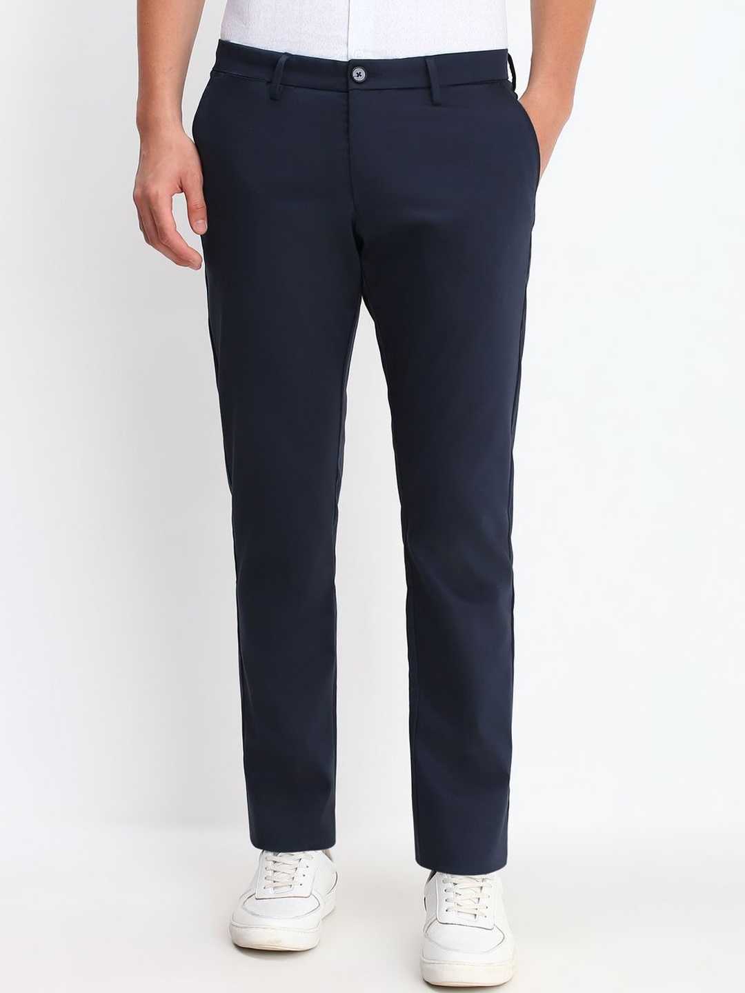 

Allen Solly Men Solid Cotton Slim Fit Mid-Rise Trousers, Navy blue
