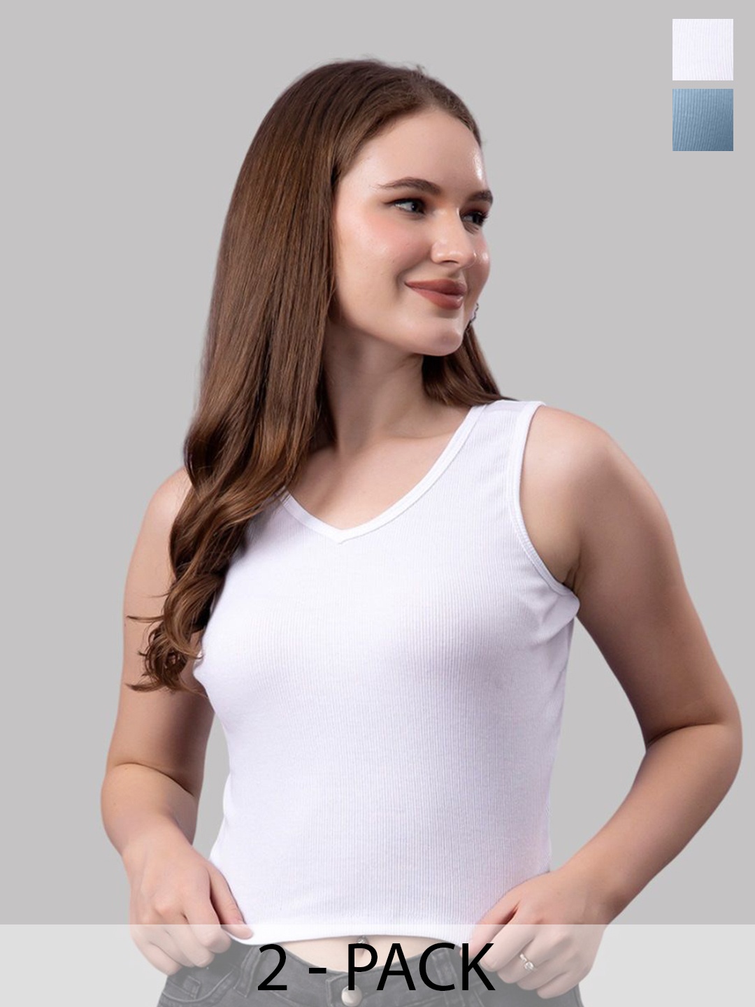 

Friskers Women Pack Of 2 Solid V-Neck Cotton Tops, White