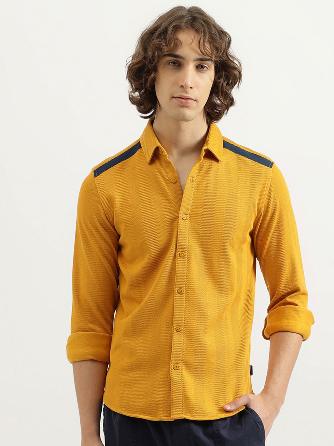 

United Colors of Benetton Men Spread Collar Solid Cotton Casual Shirt, Yellow