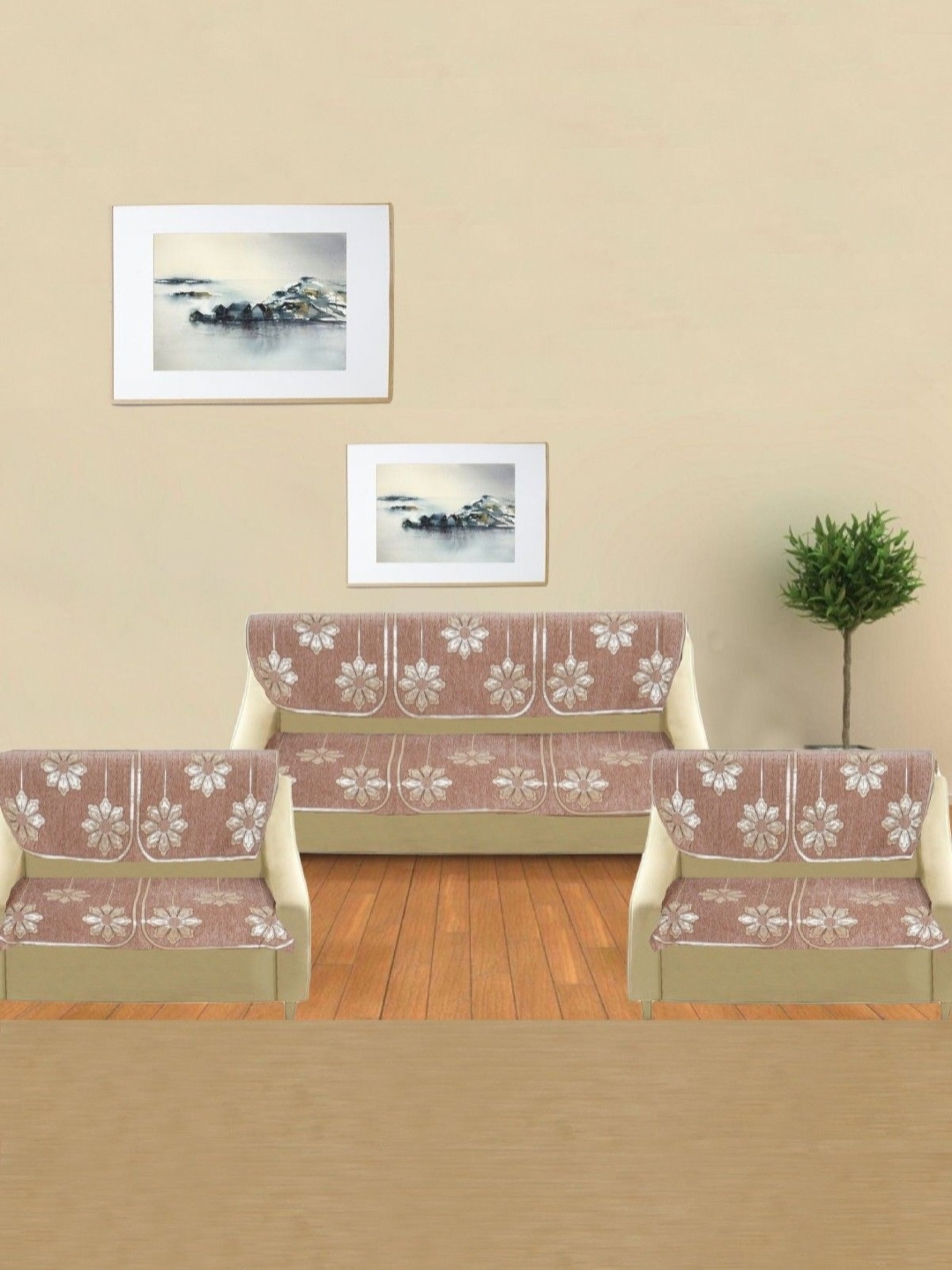 

BREVARD Peach Colored & Gold Toned 14 Pieces Floral Printed 6 Seater Sofa Covers