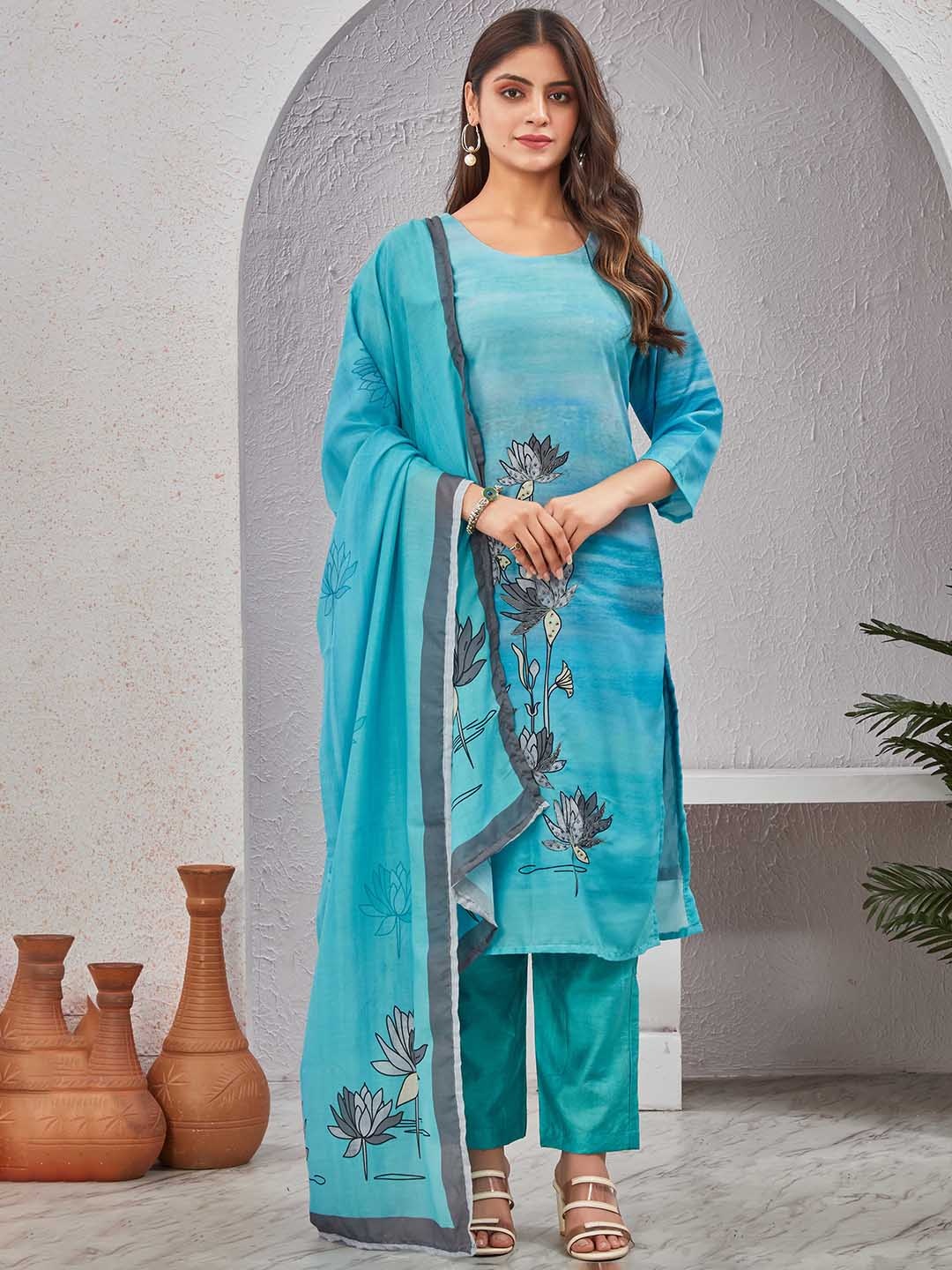 

TWINS LADY Floral Printed Round Neck Regular Straight Kurta With Trouser With Dupatta, Blue