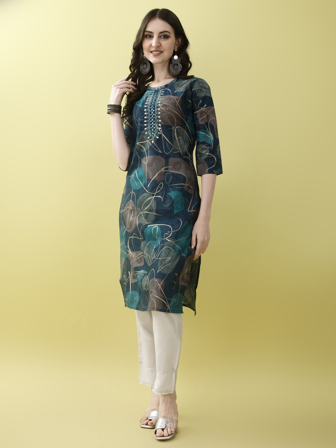 

KUNDAN FAB Women Cotton Floral Printed Sequinned Floral Kurta, Teal