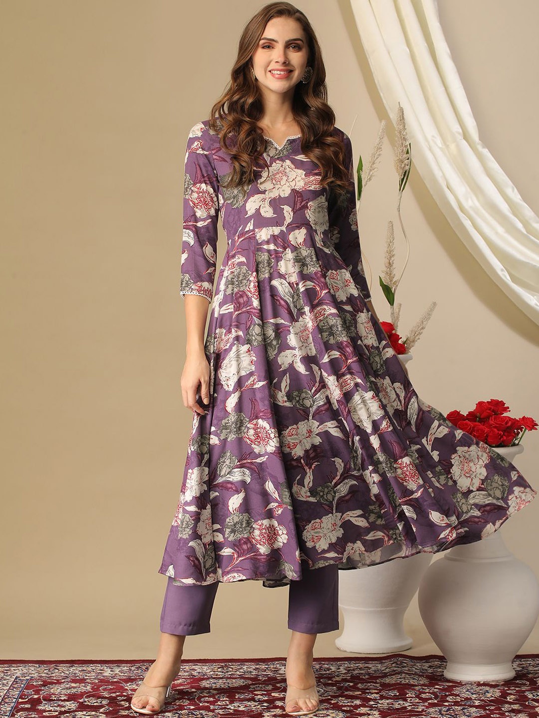 

Anni Designer Floral Printed Pleated Anarkali Kurta with Trousers, Purple