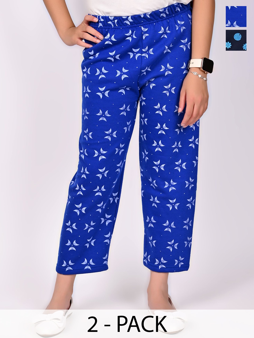 

BAESD Pack Of 2 Girls Printed Cotton Mid-Rise Regular Trousers, Blue
