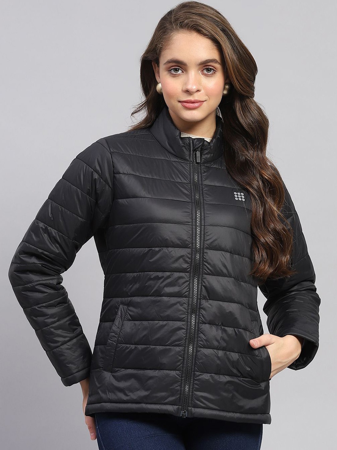 

rock.it Women Mock Collar Solid Nylon Casual Padded Jacket, Black