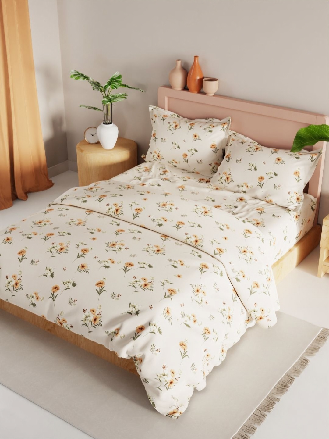 

KOPA Beige & White Floral Other 4 Piece Double Queen Regular Bedding Set