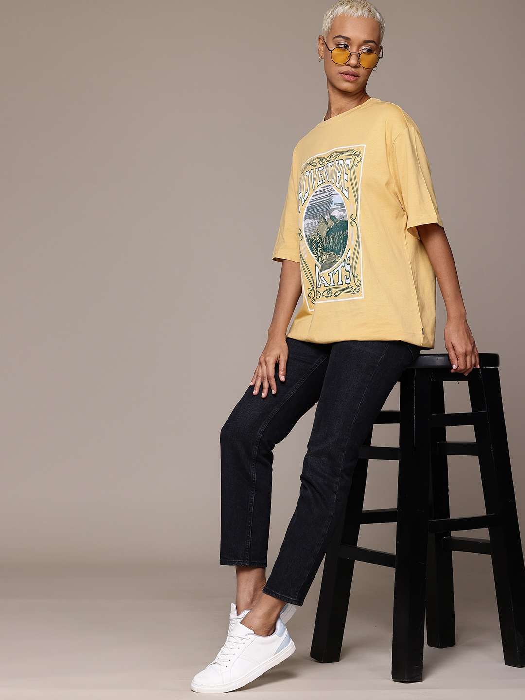 

The Roadster Lifestyle Co. Printed Oversized Pure Cotton T-shirt, Yellow