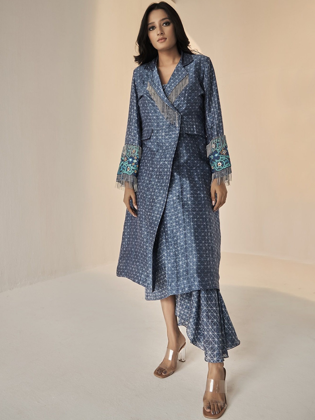 

BETRUE Women Lapel Collar Geometric Printed Silk Casual Tailored Jacket, Blue