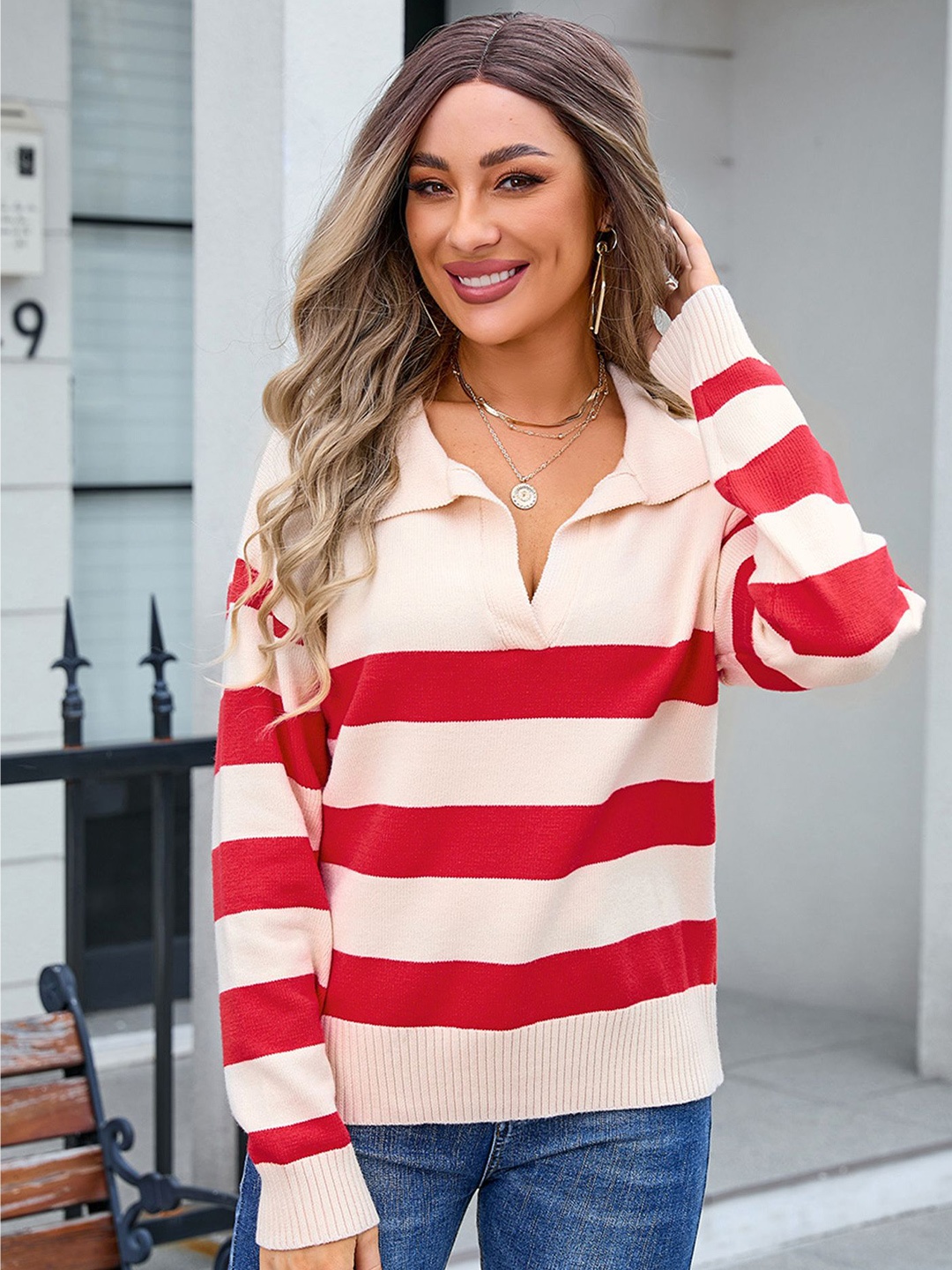 

LULU & SKY Women Striped V-Neck Pullover Sweater, Red