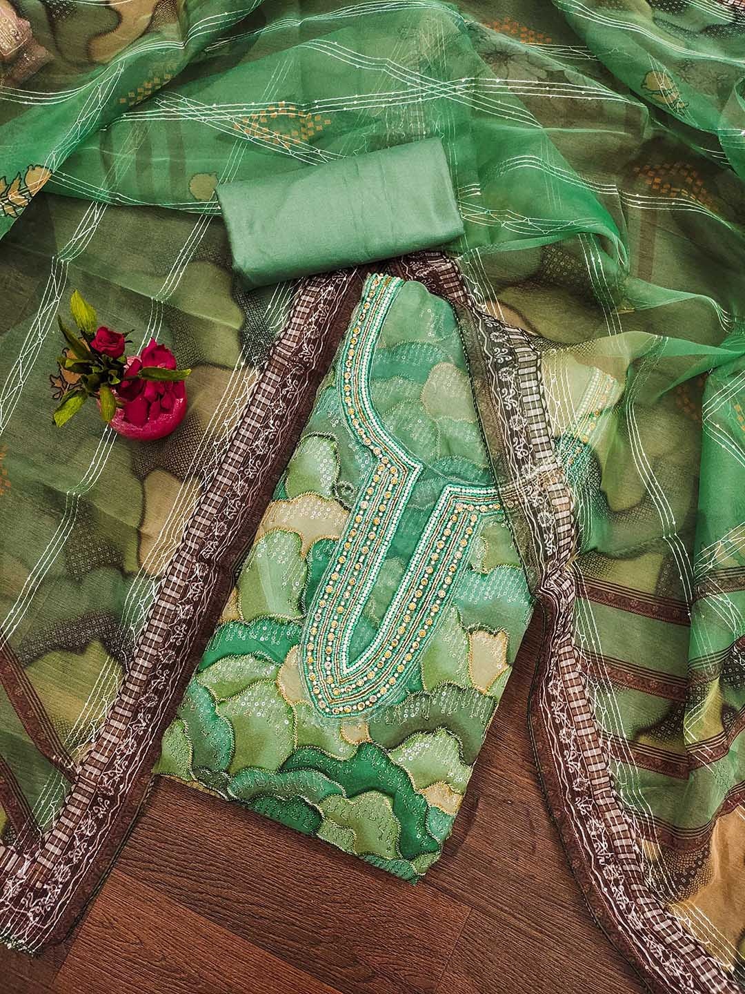 

Maroosh Floral Embellished Beads and Stones Organza Unstitched Dress Material, Sea green