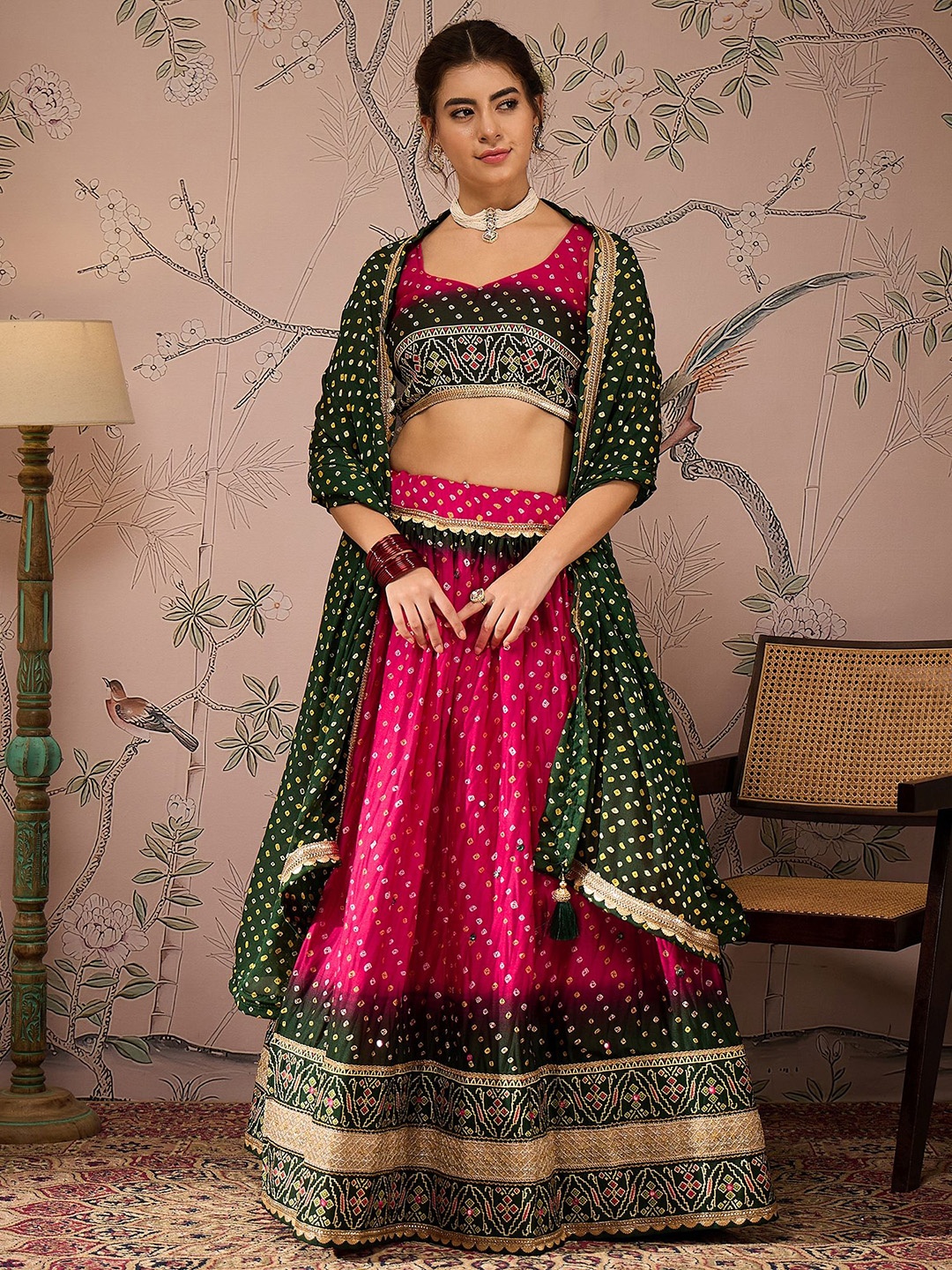 

SHRINGARINI Bhandani Printed Ready to Wear Lehenga & Unstitched Blouse With Dupatta, Pink