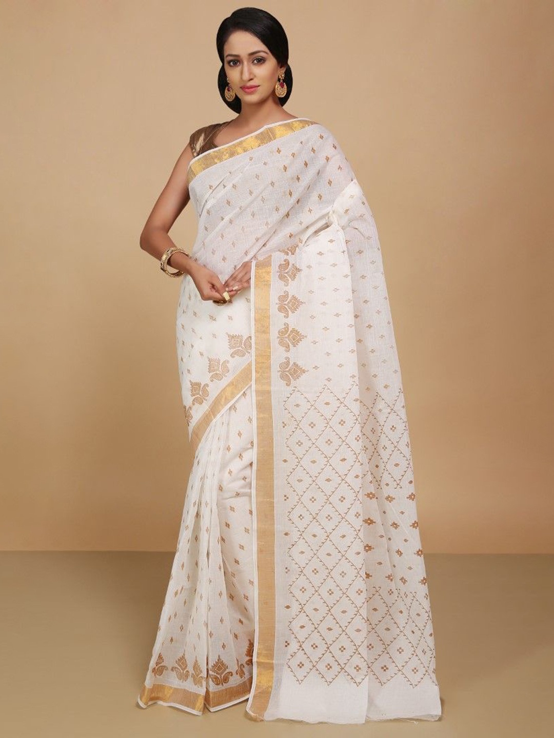 

BENGAL HANDLOOM Zari Pure Cotton Taant Saree, White