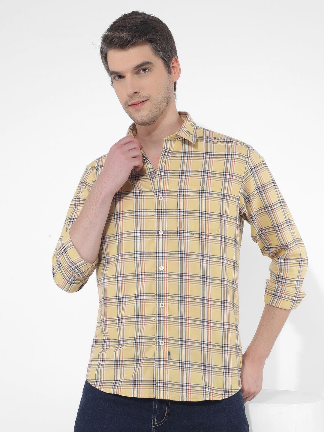 

Numero Uno Men Spread Collar Tartan Checked Cotton Casual Shirt, Yellow