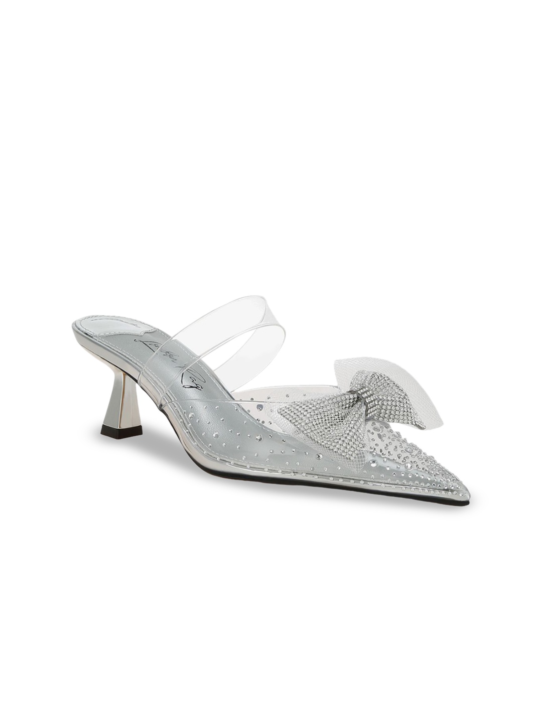 

London Rag Embellished Bow Kitten Heeled Mules, Silver