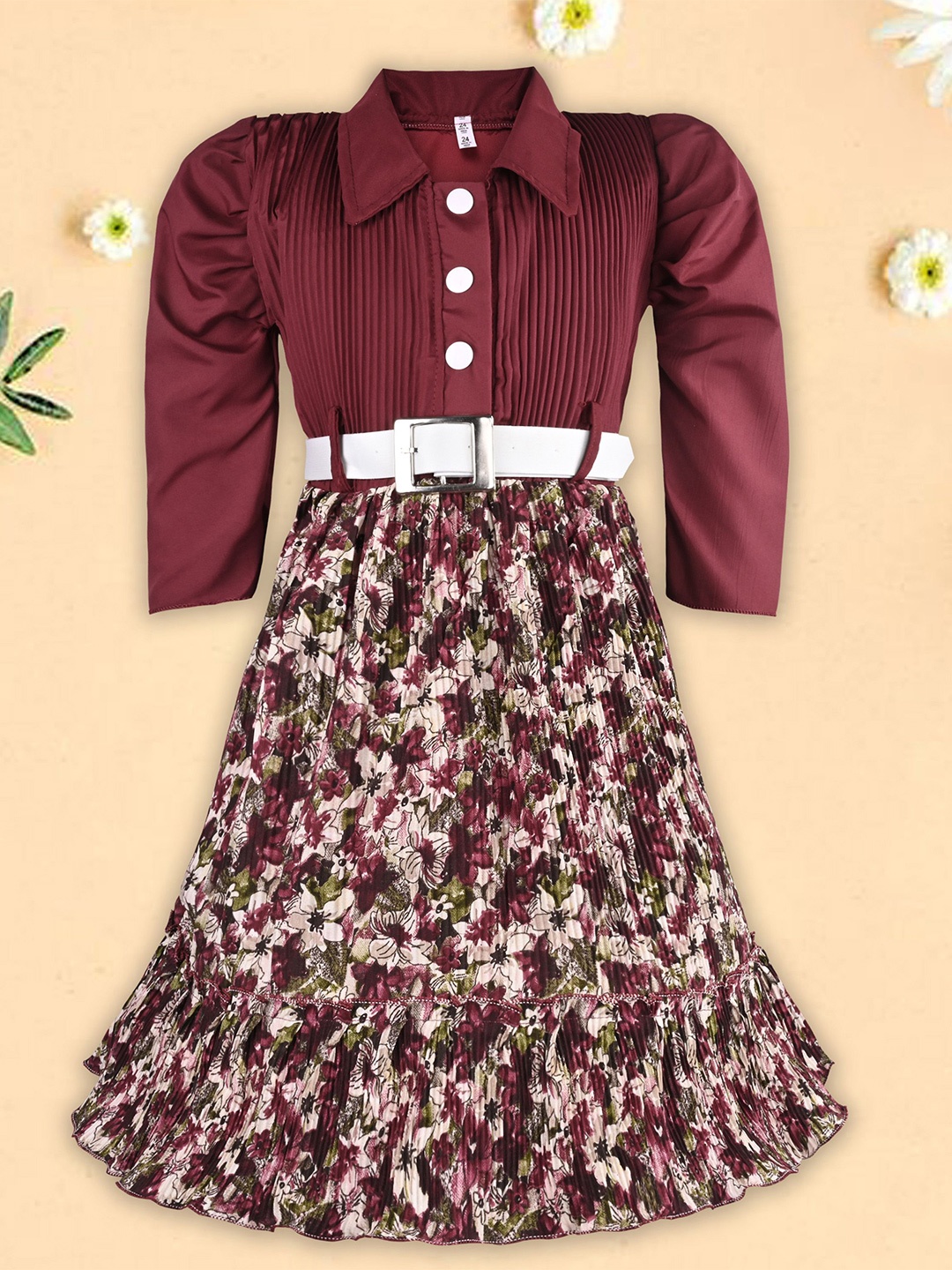 

Wish Karo Girls Floral Print Satin Fit & Flare Dress, Maroon
