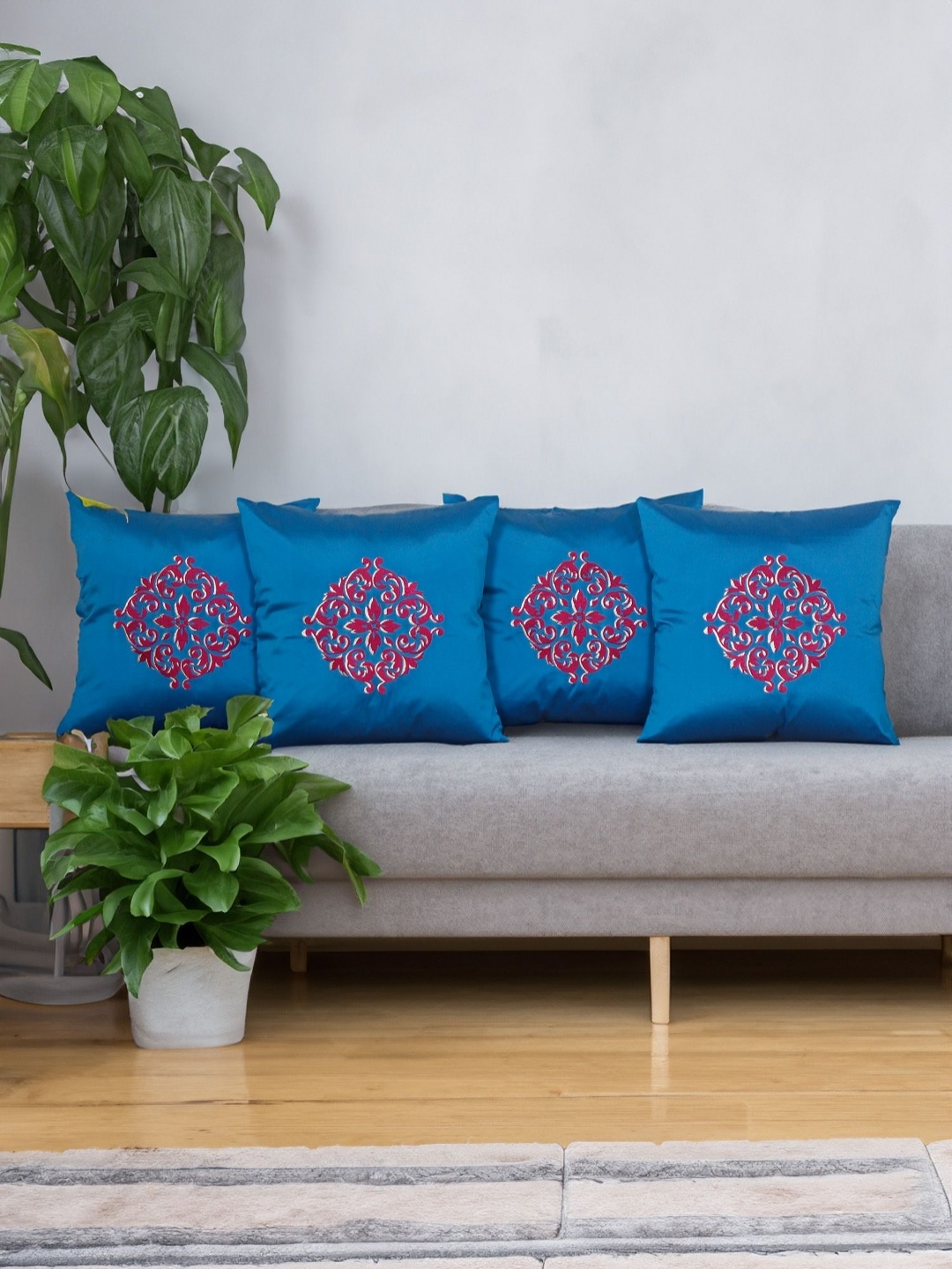 

ZEBA Blue & Red 4 Pieces Ethnic Motifs Embroidered Square Cushion Covers