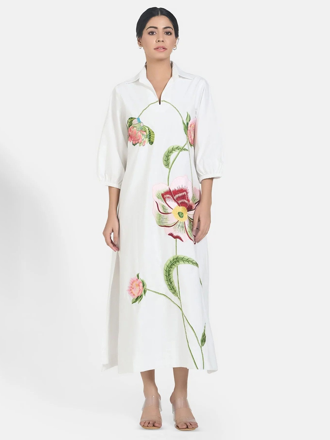 

BETRUE Tropical Shirt Collar Sheath Dress, White