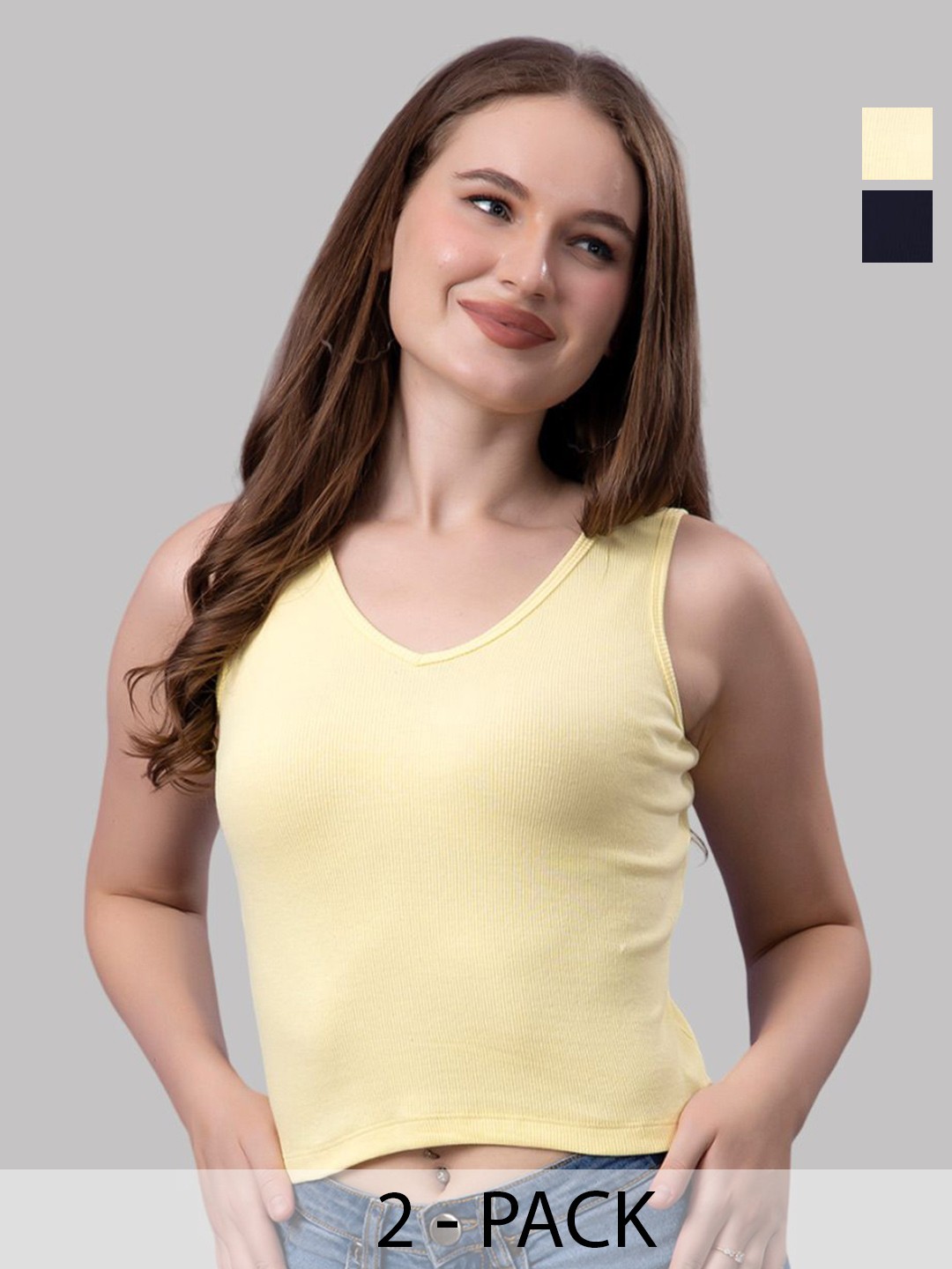 

Friskers Women Pack Of 2 Solid V-Neck Cotton Tops, Yellow