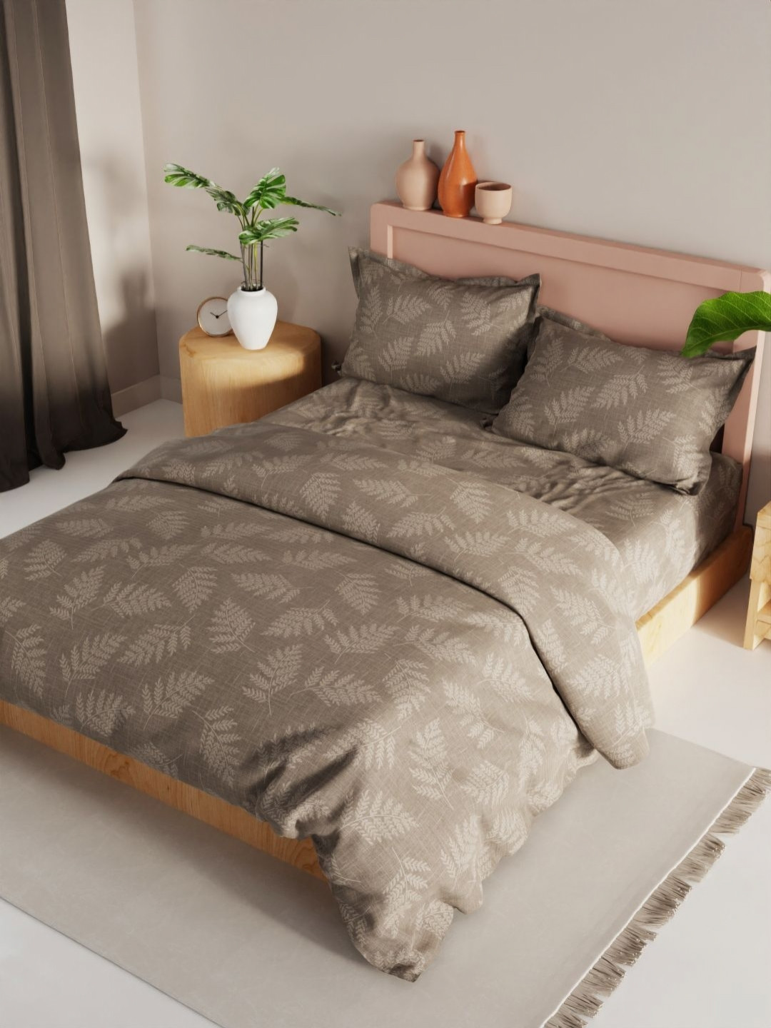 

KOPA Grey and Brown 4 Pieces Floral Printed Microfiber Double Queen Regular Bedding Set