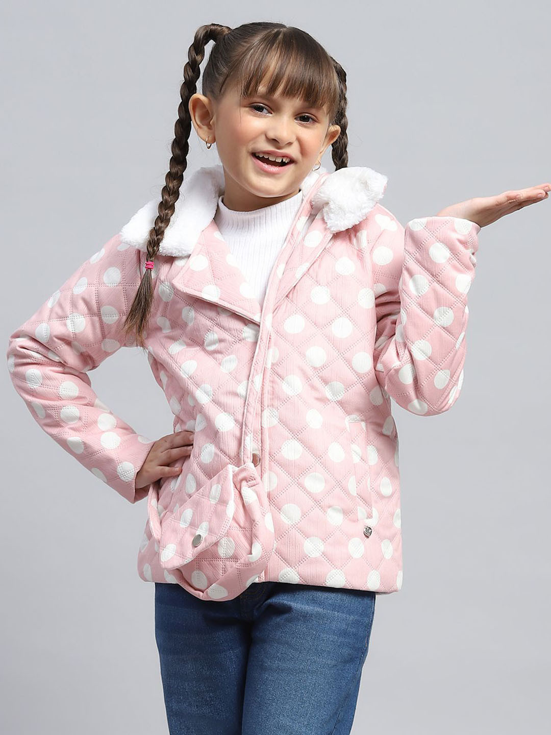 

Monte Carlo Girls Lapel Collar Polka Dots Printed Casual Padded Jacket, Pink