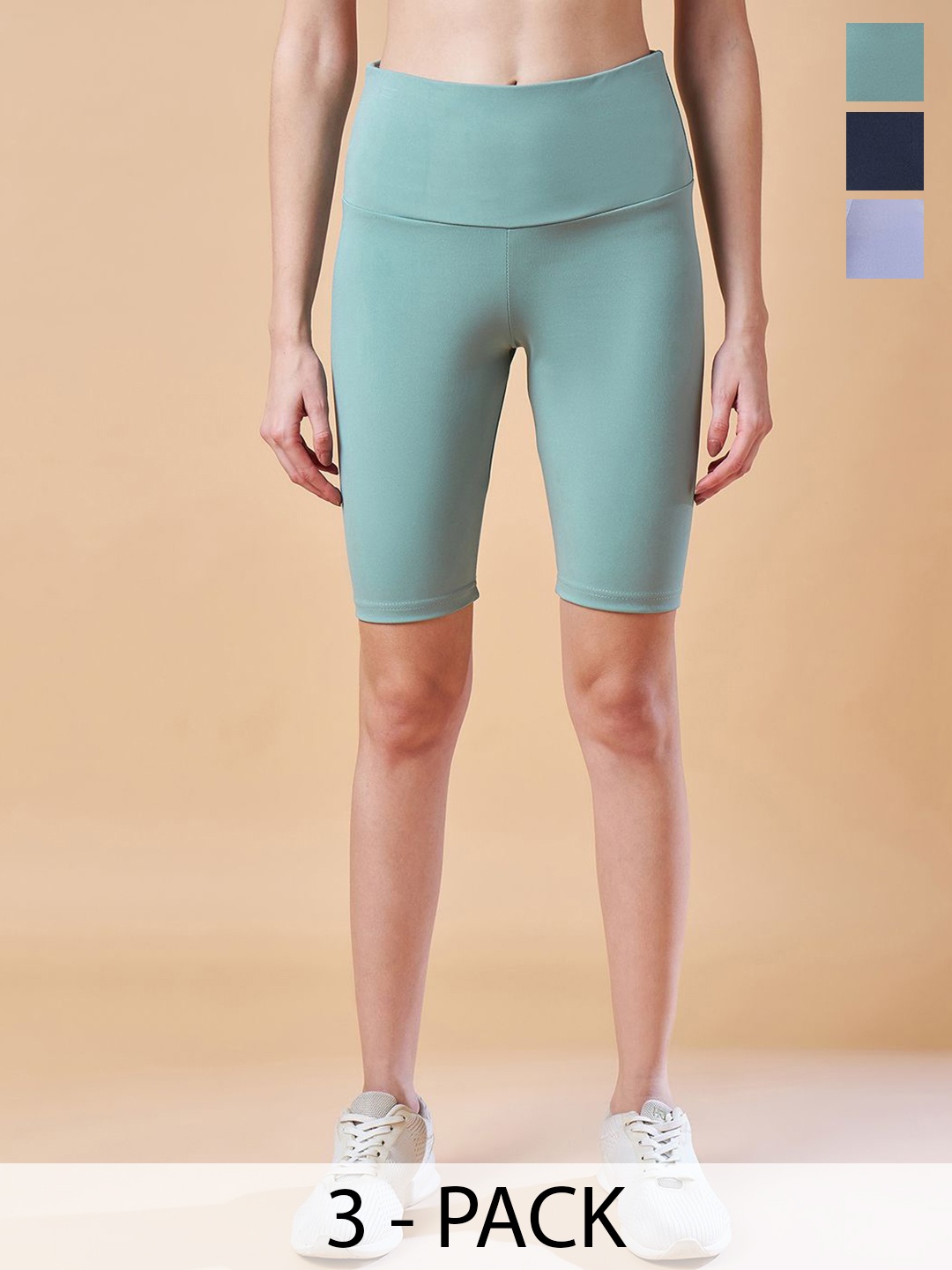 

COLOR CAPITAL Women Pack Of 3 Above Knee Antimicrobial Gym Tights, Sea green