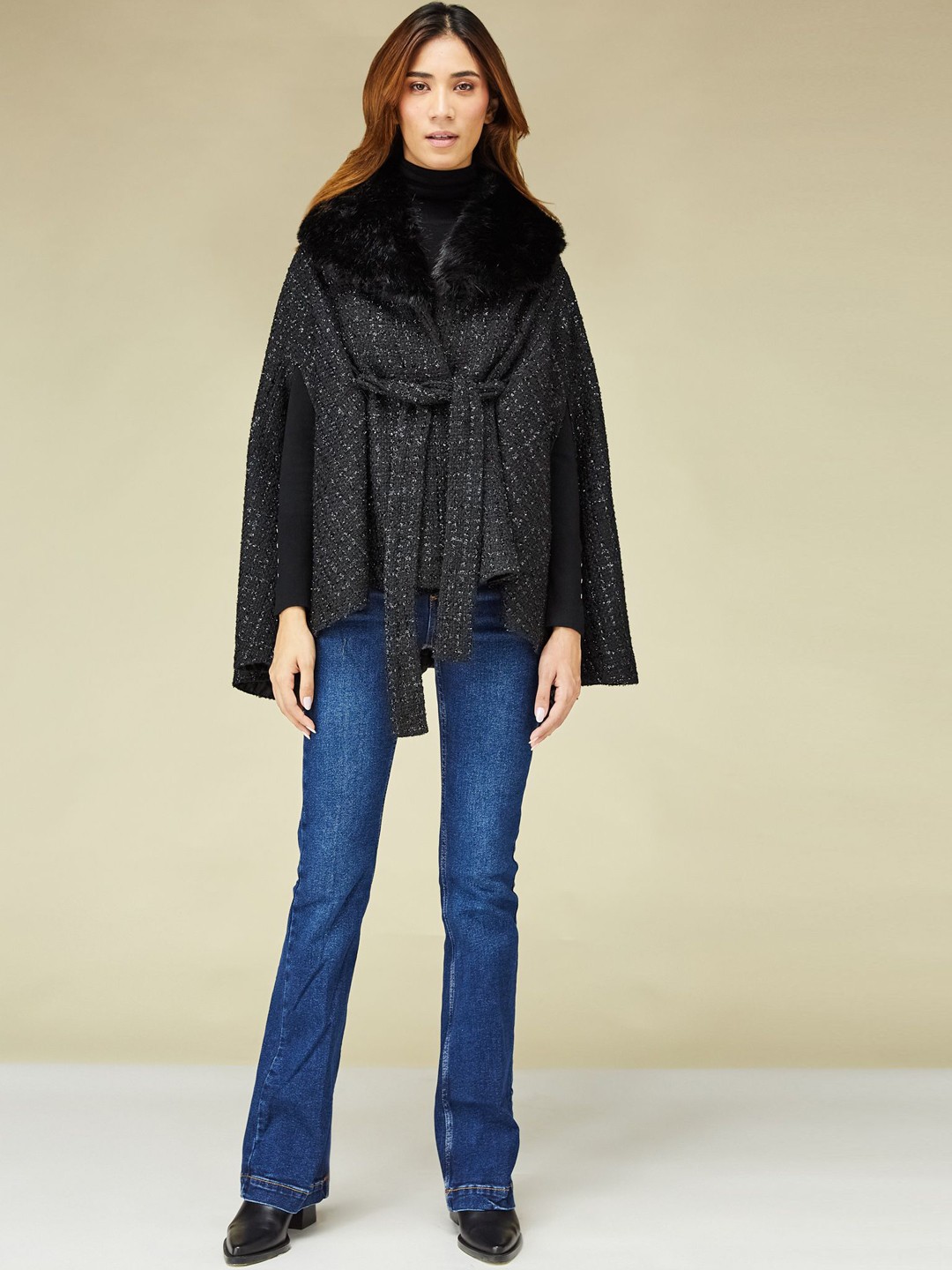 

BETRUE Women Self Design Acrylic Tweed Longline Parka Jacket, Black