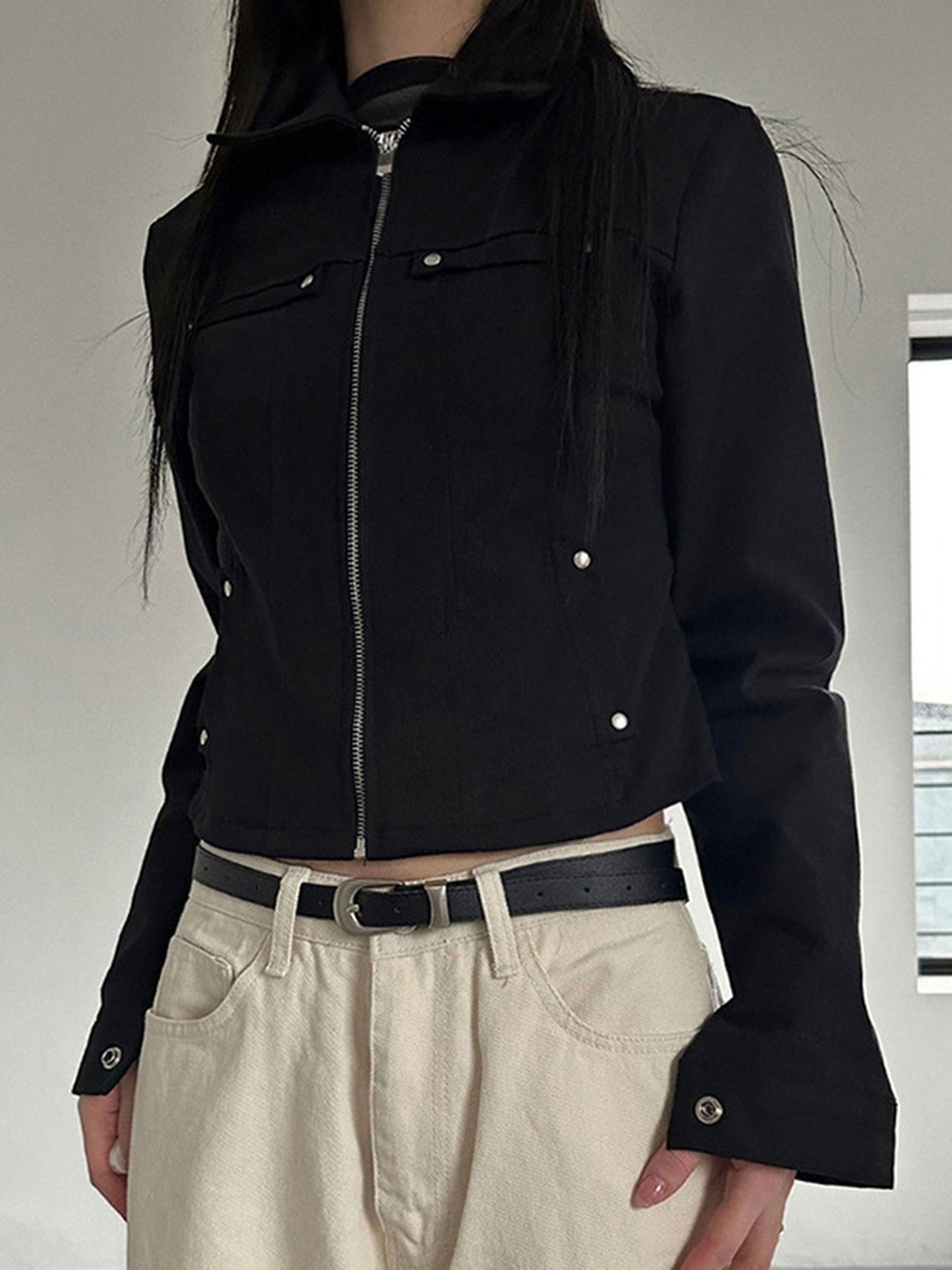 

LULU & SKY Women Spread Collar Solid Casual Denim Jacket, Black