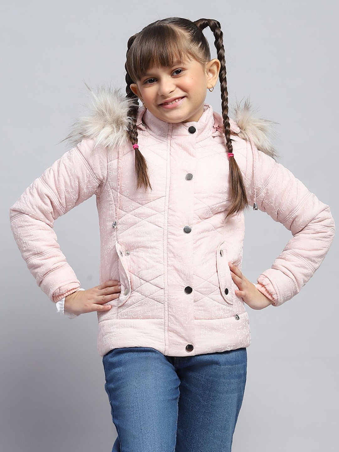 

Monte Carlo Girls Hooded Typography Printed Casual Padded Jacket, Peach