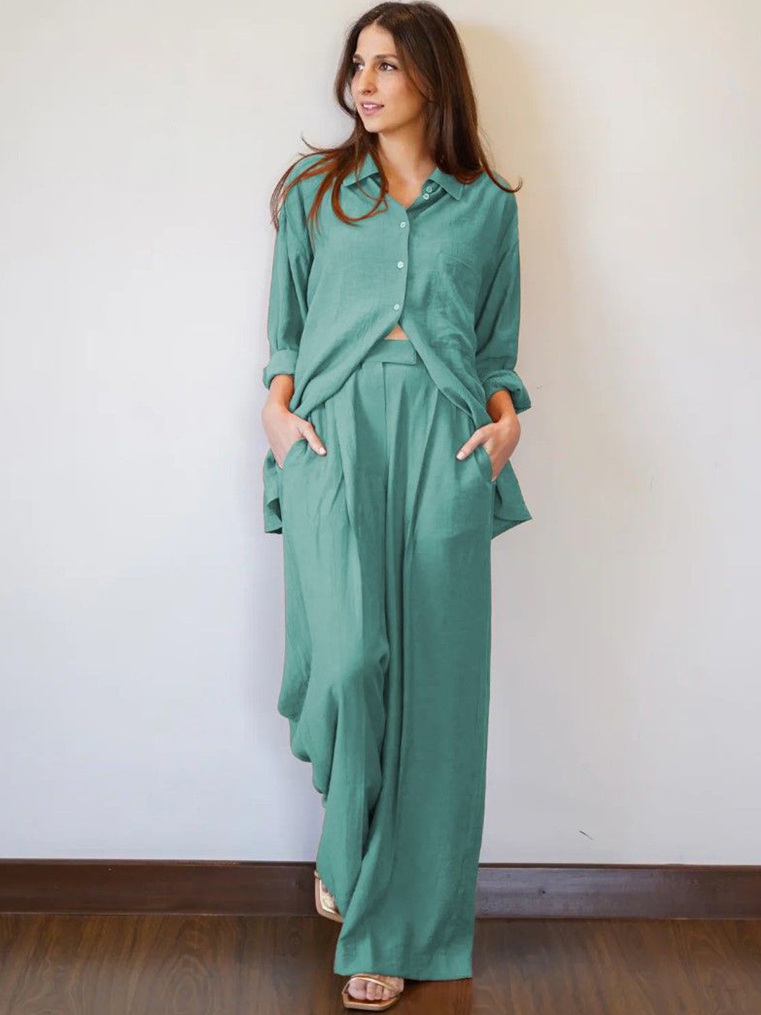 

AUTUMN LANE Pure Cotton Shirt & Trouser Co-Ords, Teal