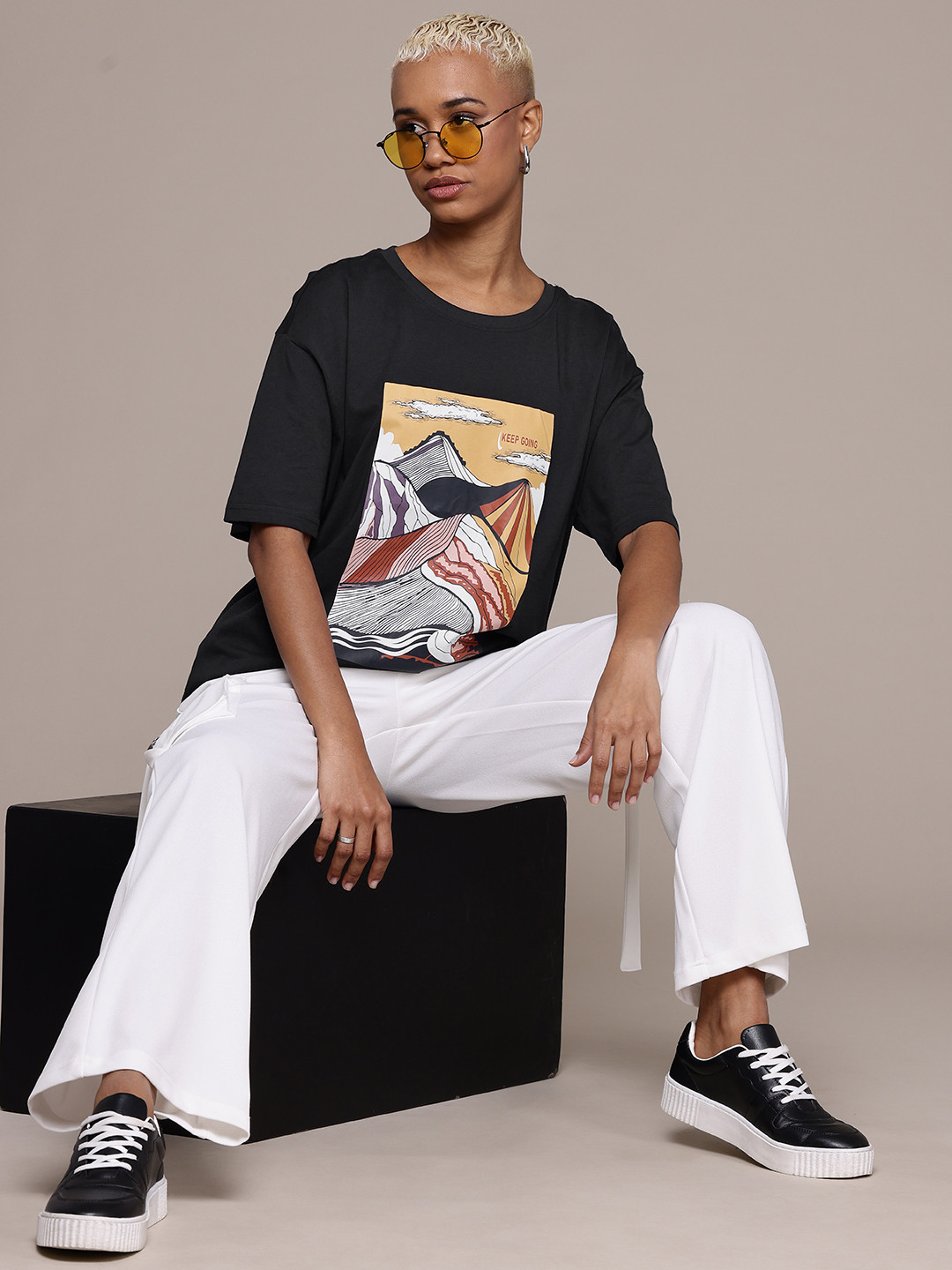 

The Roadster Lifestyle Co. Printed Pure Cotton Oversized T-shirt, Black