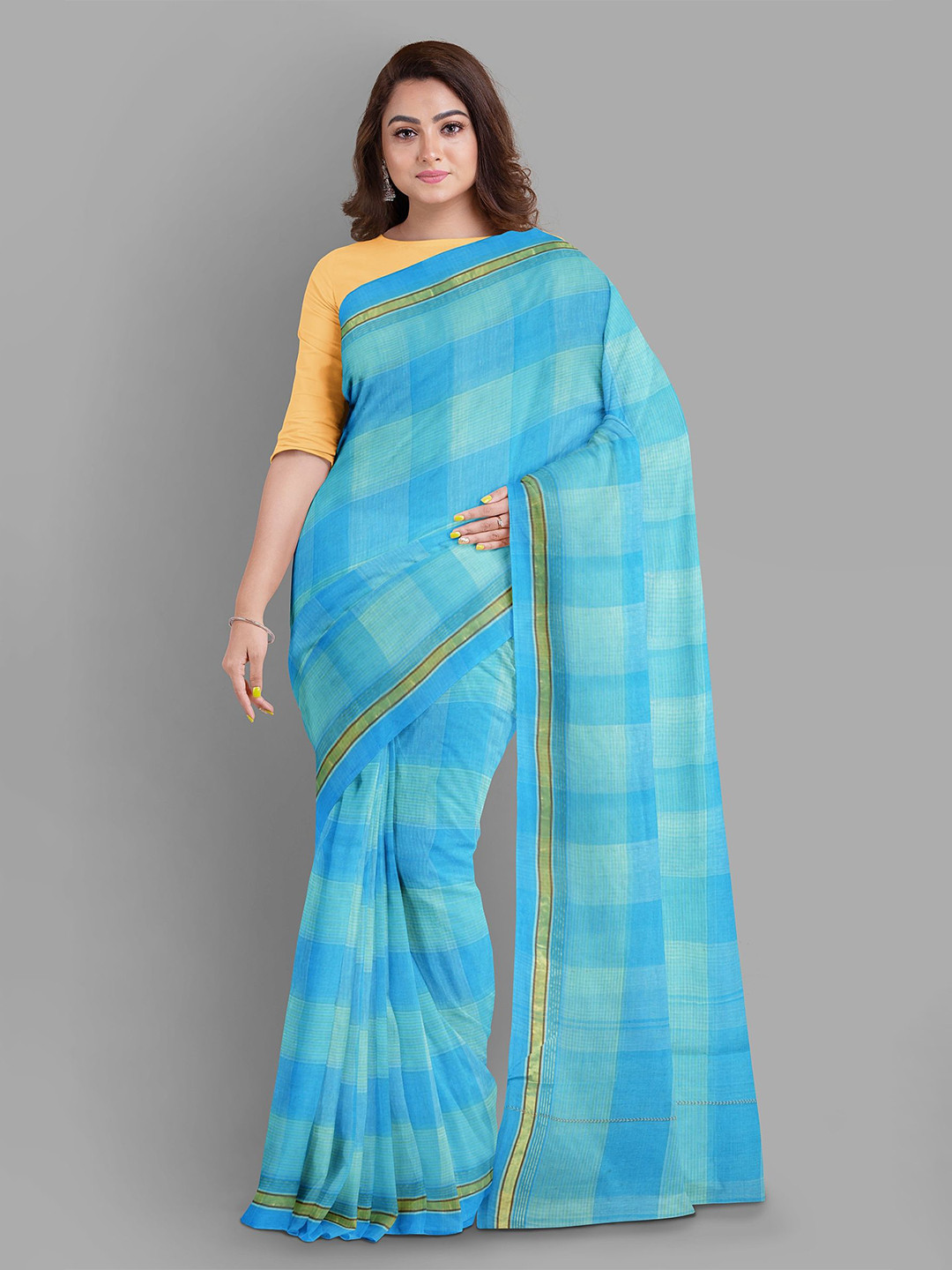 

The Chennai Silks Checked Printed Fusion Pure Cotton Taant Saree, Blue