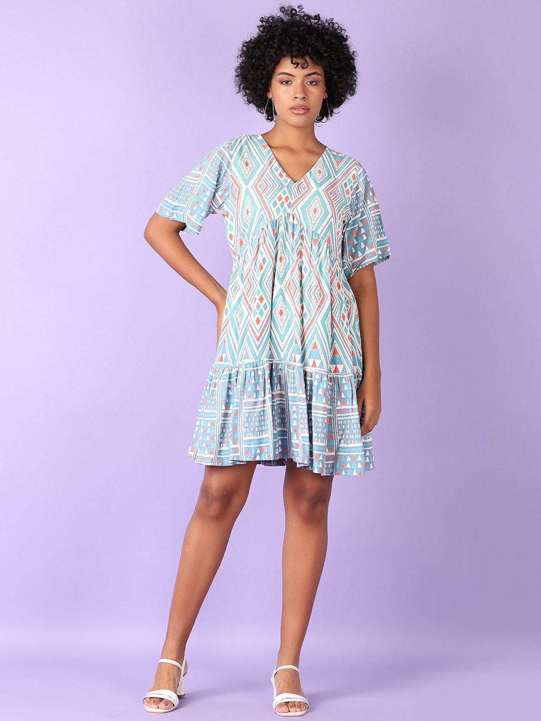 

V-Mart Women Printed Knee Length Ethnic Dress, Blue